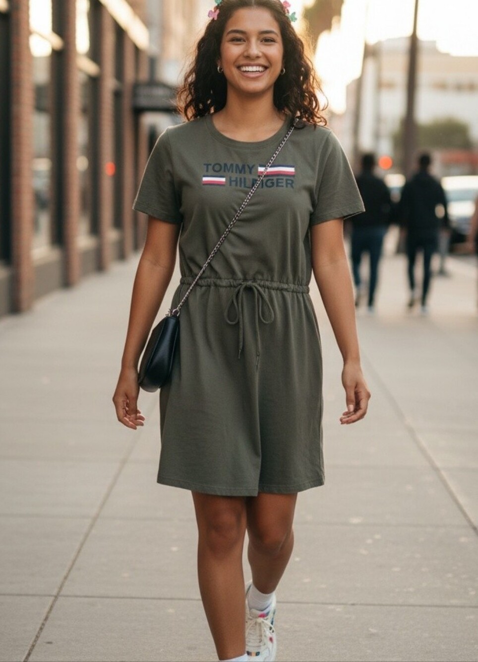 Tommy Hilfiger Olive Pull‑Tie Waist Logo T‑Shirt Mini Dress